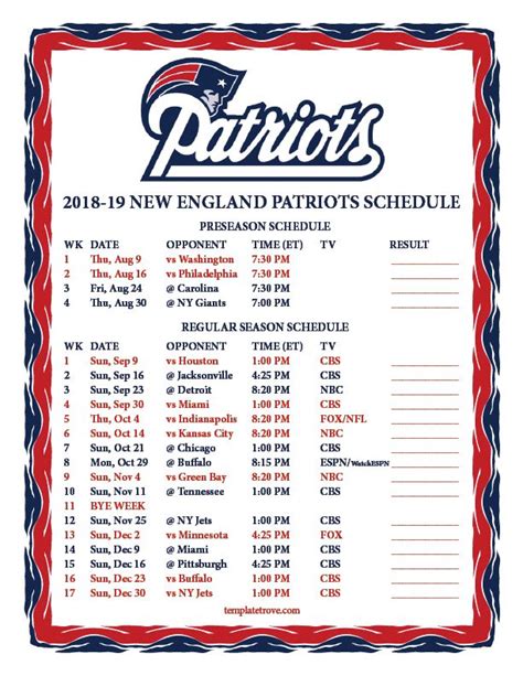Patriots Schedule Printable